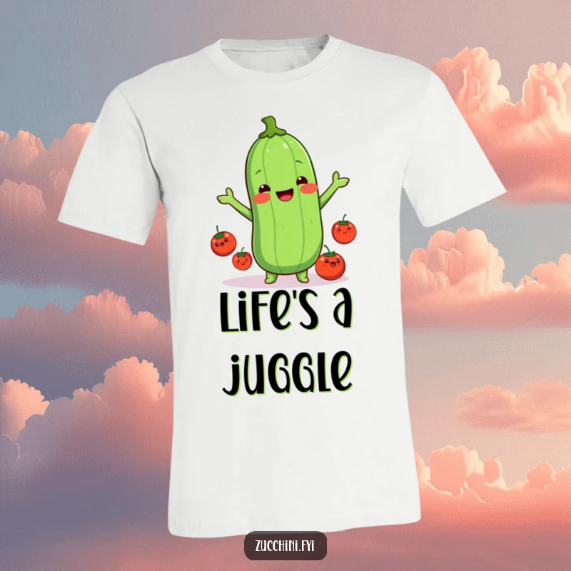 Funny kawaii zucchini t-shirt, a cute illustration of a zucchini juggling happy tomatoes, looking joyful and funny.