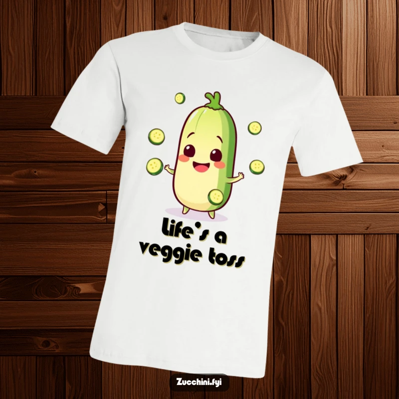 Funny Kawaii zucchini t-shirt showcasing a happy character juggling tiny zucchini slices, great for veggie lovers and a humorous gift.