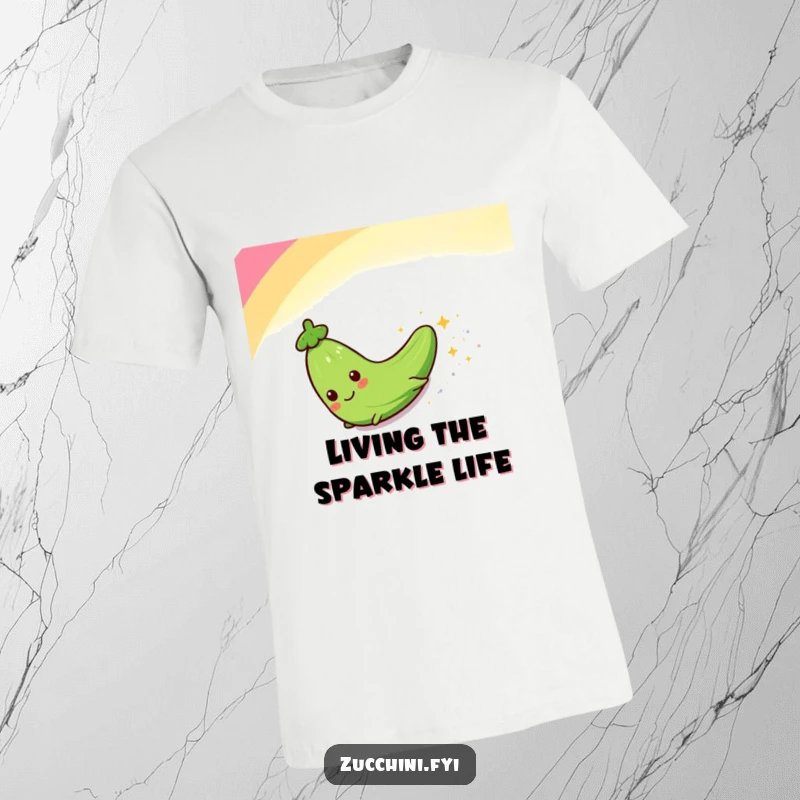 Funny t-shirt showcasing a happy zucchini sliding down a rainbow, trailing sparkles, perfect for expressing a joyful and whimsical attitude.