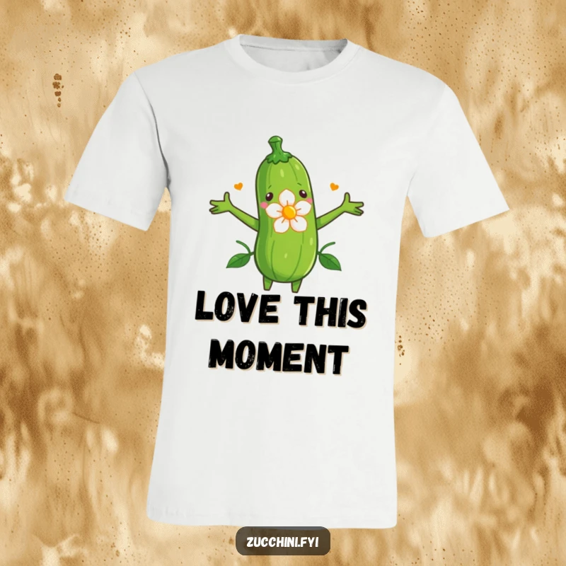 Funny t-shirt with a zucchini holding its arms wide open to gently hug a colorful blooming flower.