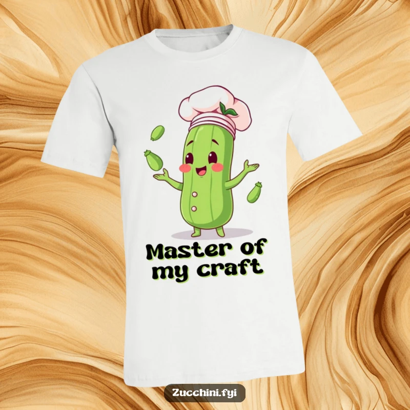 Funny T-shirt showing a zucchini in a chef hat, joyfully juggling miniature zucchinis, embodying culinary passion and lighthearted fun.