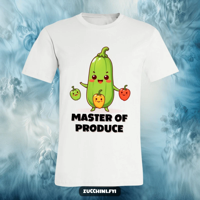 Funny Zucchini T-Shirt depicting a beaming cartoon zucchini impressively juggling three colorful, smiling mini peppers with skill and joy.