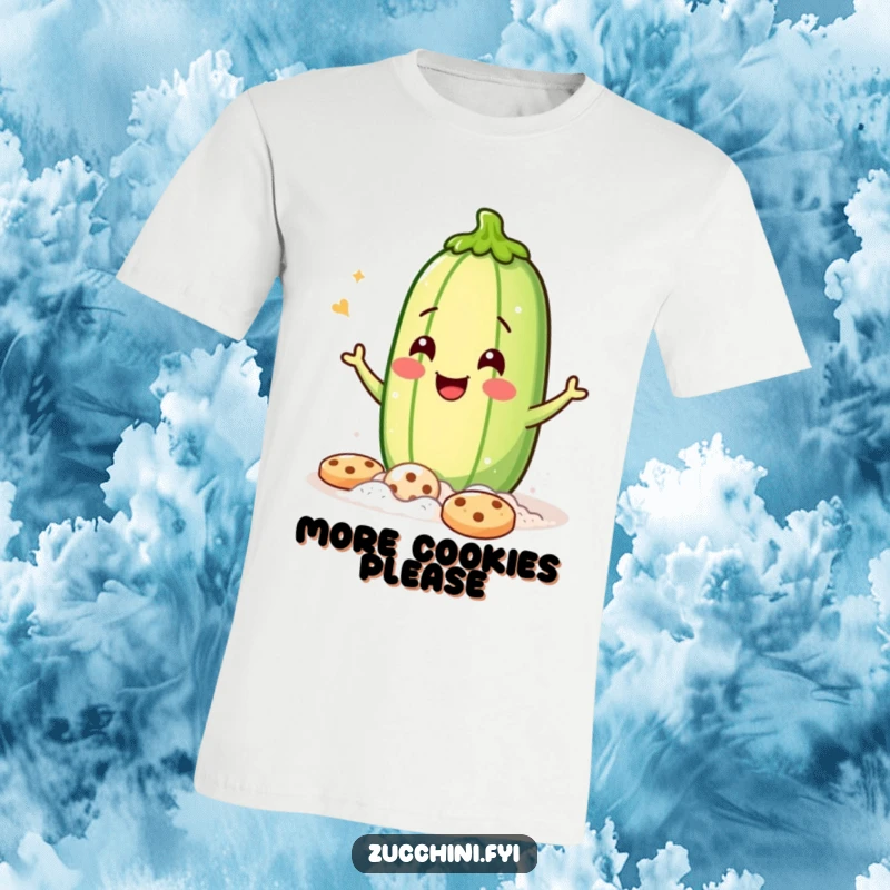 Funny T-Shirt: A jubilant zucchini covered in flour, winking playfully while baking cookies, hilariously baking.