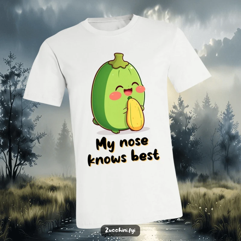 Funny t-shirt featuring a zucchini giggling while balancing a mini zucchini on its nose, showcasing impressive and humorous skill.