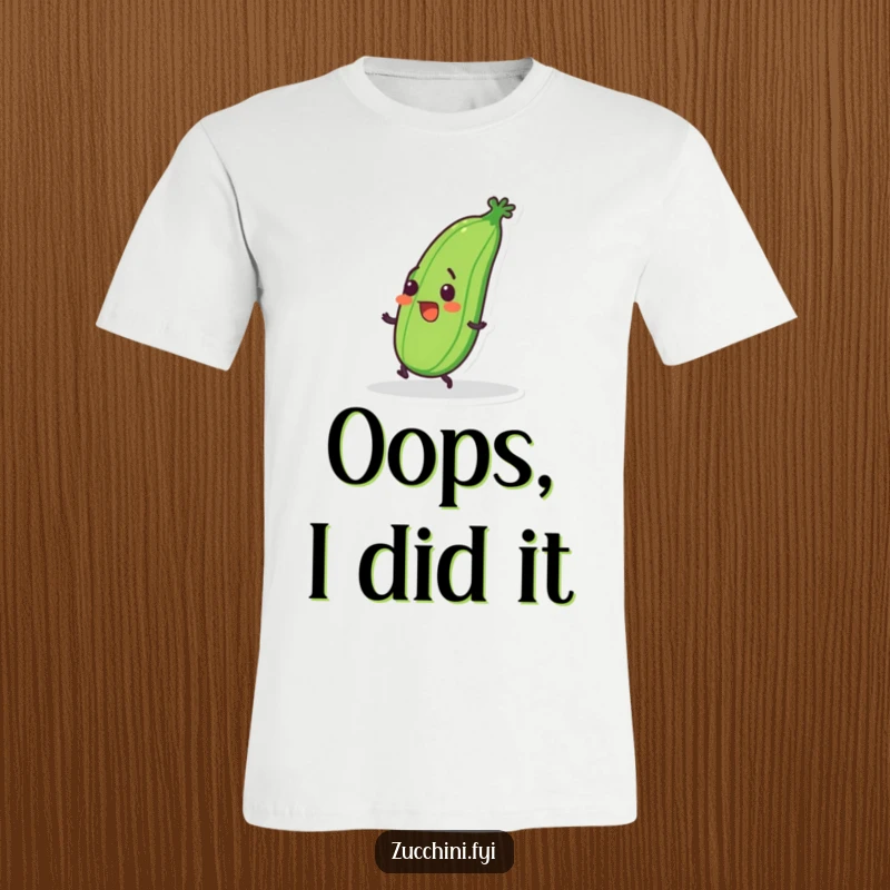 Funny t-shirt depicting a wobbly zucchini character hilariously tripping over its own feet with a surprised expression.