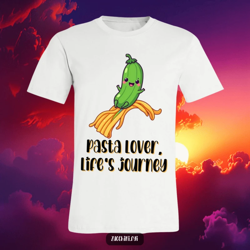 Funny zucchini character joyfully sliding down a pasta strand rainbow, a whimsical t-shirt.