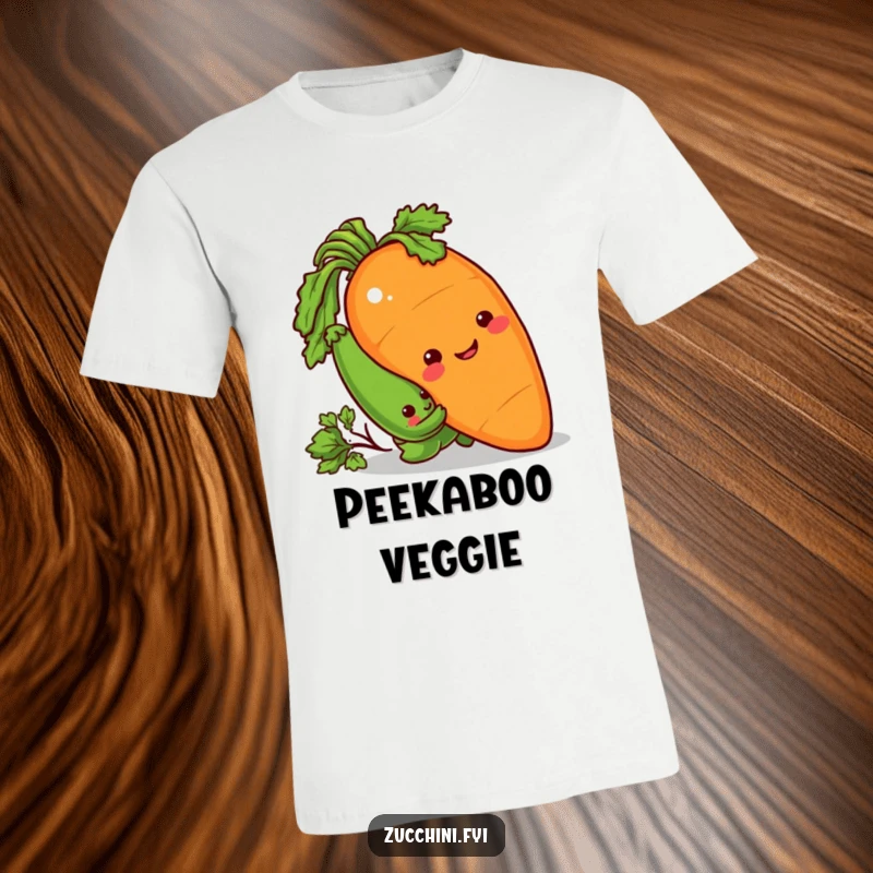 Funny T-Shirt depicting a sneaky zucchini playfully peeking from behind a giant, smiling carrot.