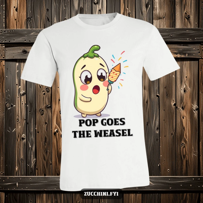 Funny kawaii zucchini, eyes wide with surprise, holding a confetti popper, adorably ready to celebrate on a t-shirt.