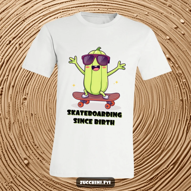 Funny kawaii zucchini t-shirt, a cool zucchini in sunglasses dancing on a skateboard, looking funny and energetic.