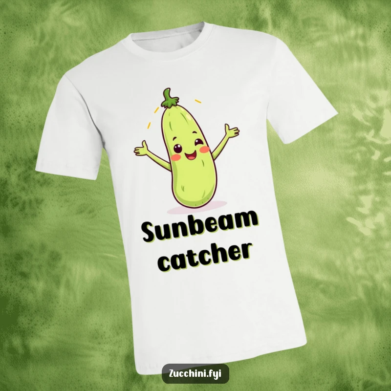 Funny t-shirt showcasing a smiling zucchini with outstretched arms, catching a whimsical cartoon sunbeam.