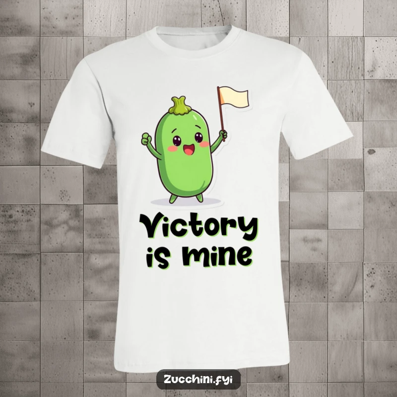 Funny T-shirt depicting a zucchini character energetically waving a tiny flag, conveying a sense of spirited support and cheerful celebration.