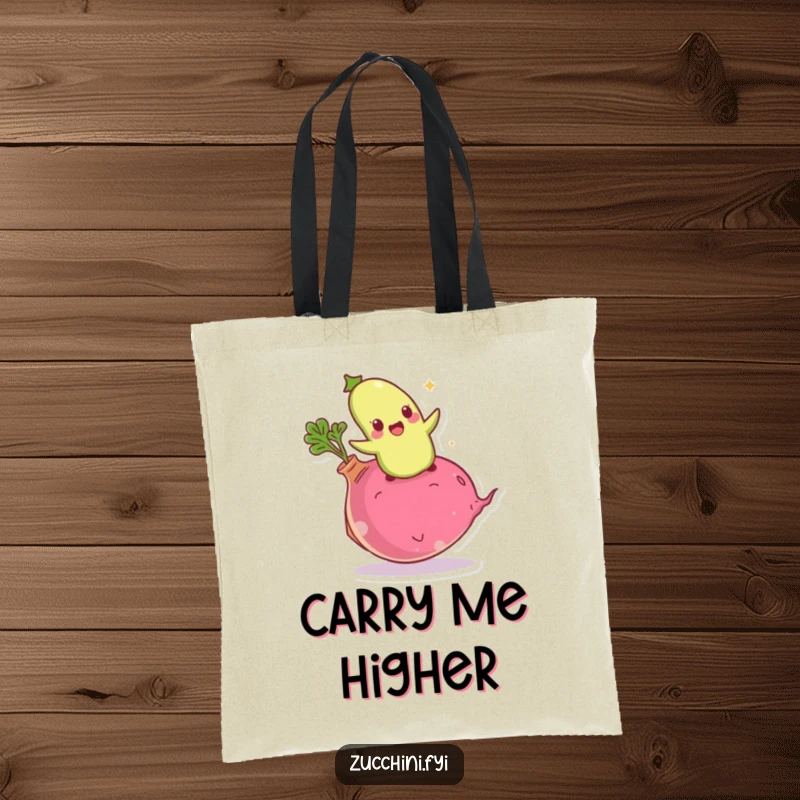Funny giddy zucchini tote bag showing an excited vegetable bouncing on a giant radish, great for carrying items with energy.