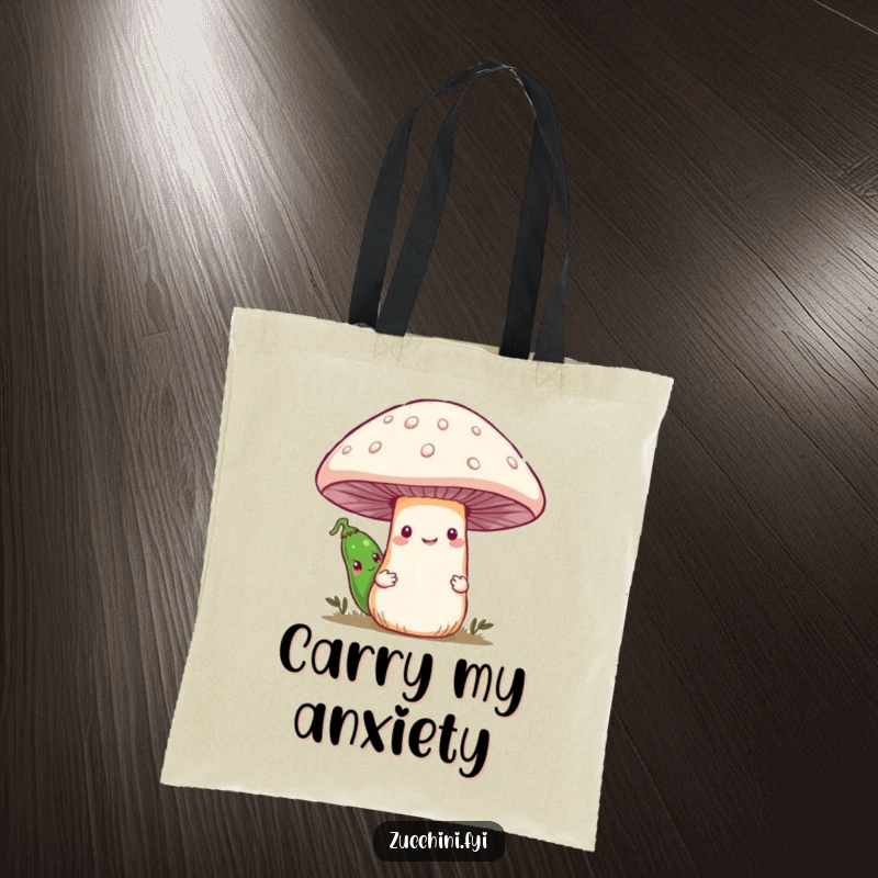 Funny tote bag with a shy zucchini hiding behind a big smiling mushroom, perfect for eco-conscious shoppers who love veggies.