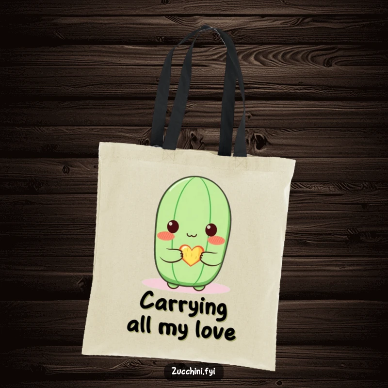 Funny zucchini tote bag with a blushing zucchini character offering a small, glowing heart, perfect for carrying love and humor.