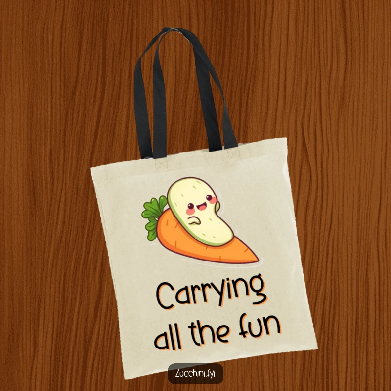 Funny zucchini tote bag, a playful veggie character sliding down a carrot, perfect for carrying humor and goods.