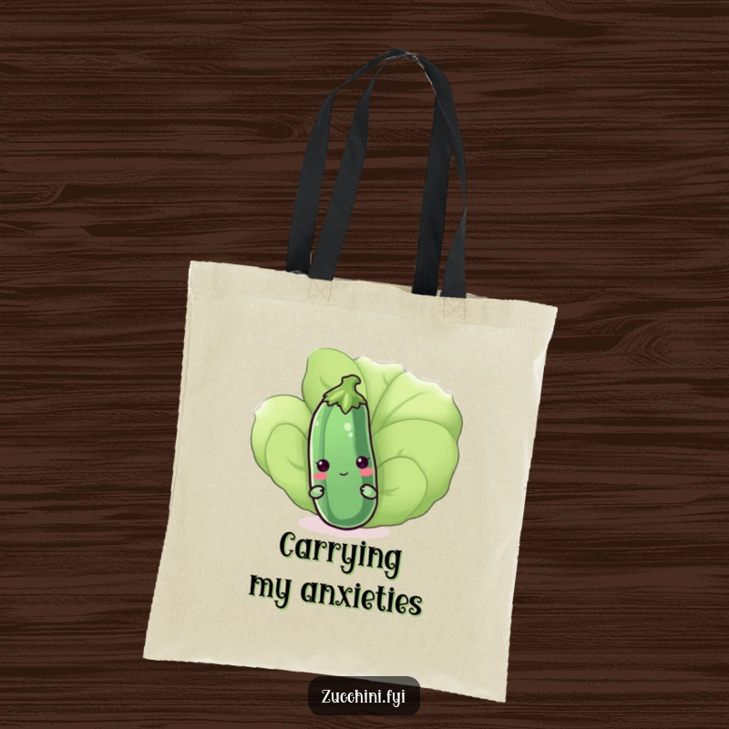 Funny kawaii zucchini peeking from behind a leaf on a durable tote bag, conveying shy humor and practicality, a great gift idea.