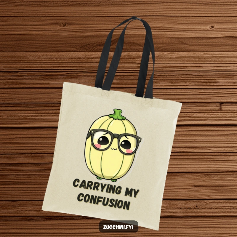 Funny Bewildered Zucchini Tote Bag featuring a zucchini with enormous spectacles, conveying a sense of intellectual bewilderment.