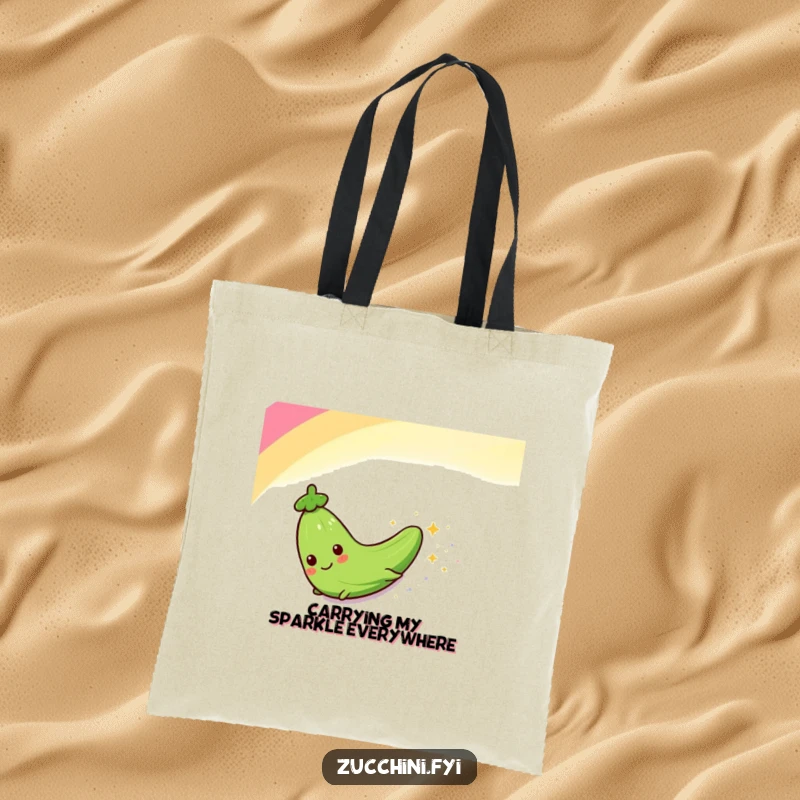 Funny tote bag with a zucchini character joyfully sliding down a rainbow, leaving a trail of glittery sparkles. Great for shopping.