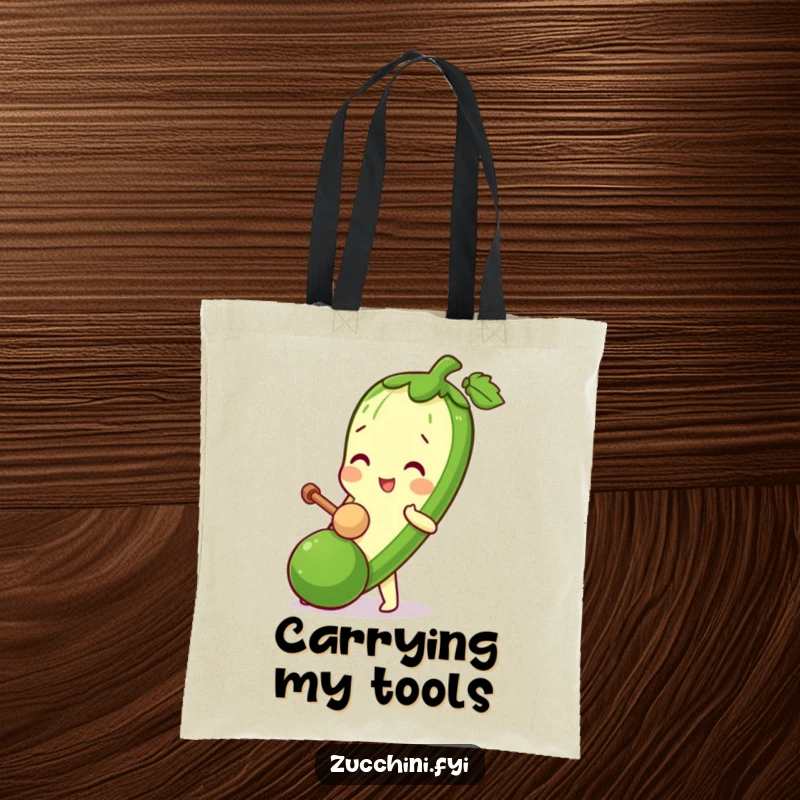 Funny Zucchini Mallet Tote Bag showing a zucchini character playfully bopping a mini zucchini with a tiny mallet.