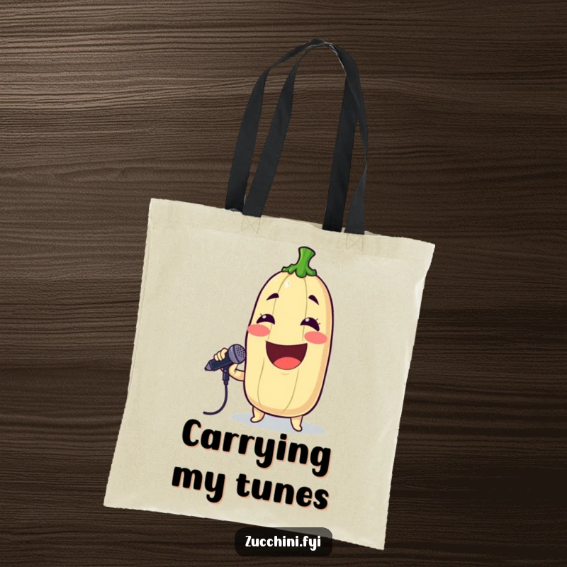 Funny tote bag with a grinning zucchini holding a microphone, perfect for carrying items with musical flair and humor.