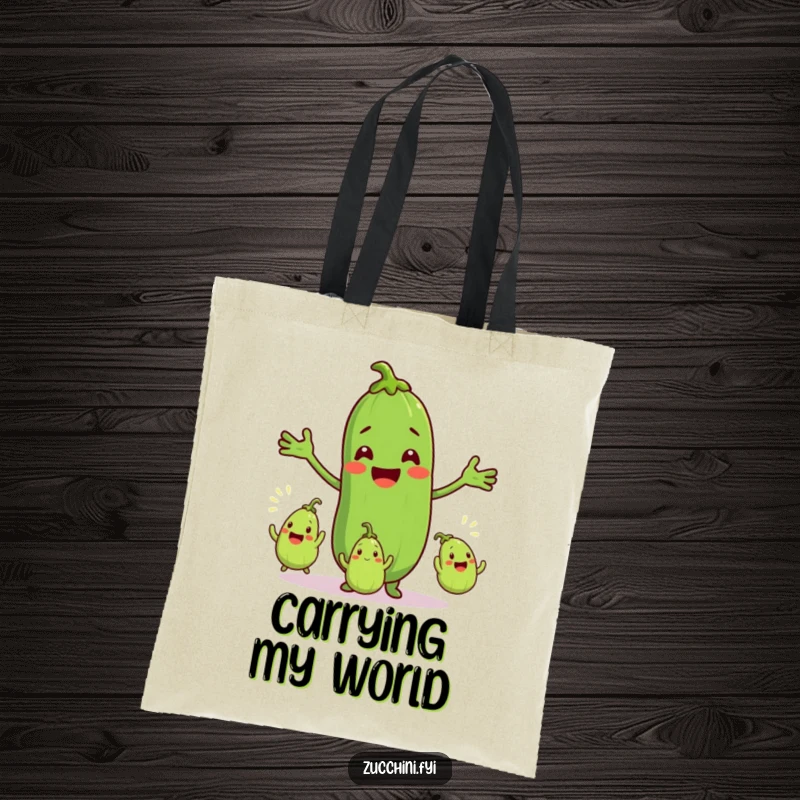 Funny tote bag with a smiling zucchini character juggling three excited baby zucchinis, perfect for carrying essentials with a side of humor.