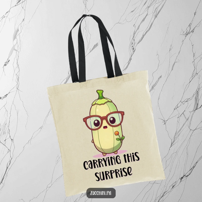 Funny tote bag illustrated with a zucchini in oversized glasses, looking shocked at a tiny sprout, perfect for carrying items with a smile.