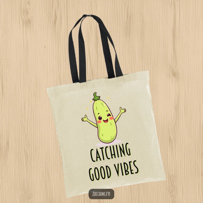 Funny tote bag featuring a smiling zucchini catching a sunbeam, perfect for carrying everyday items with sunny humor.