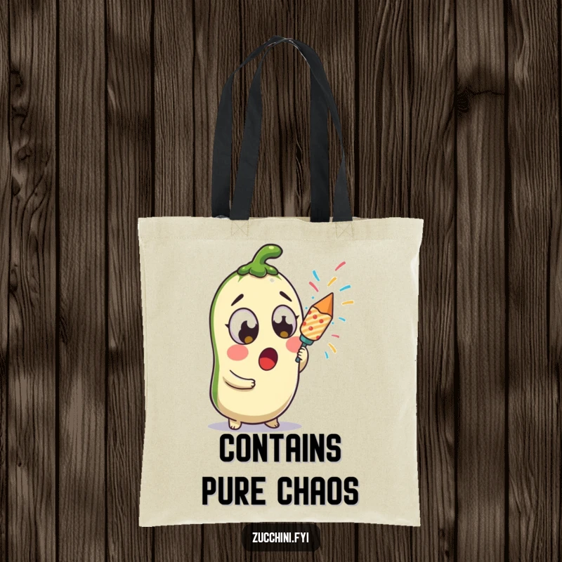 Funny kawaii zucchini with wide, surprised eyes holding a confetti popper, perfect for parties on a tote bag.