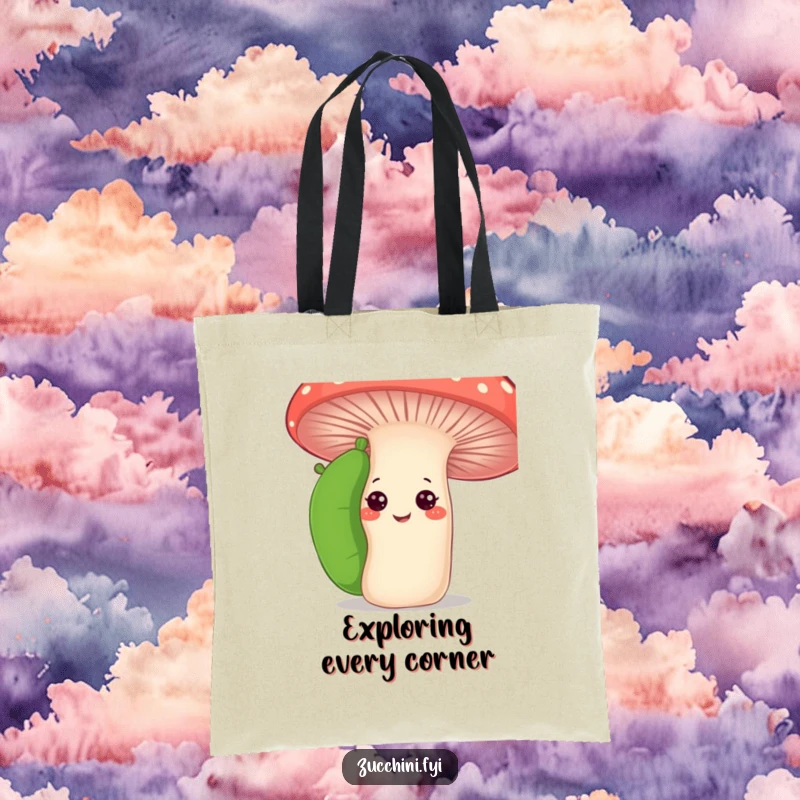 Funny curious zucchini tote bag depicting a zucchini peeking from behind a smiling mushroom, great for carrying items with garden humor.