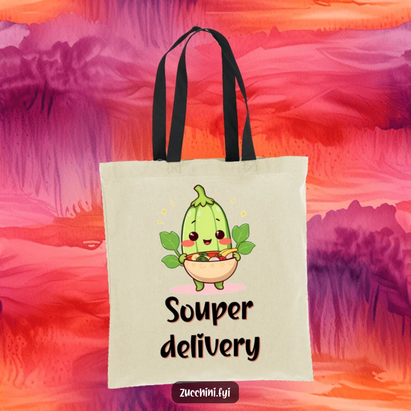 Funny cheerful zucchini tote bag showing a smiling vegetable offering a steaming bowl, great for carrying items with warmth.