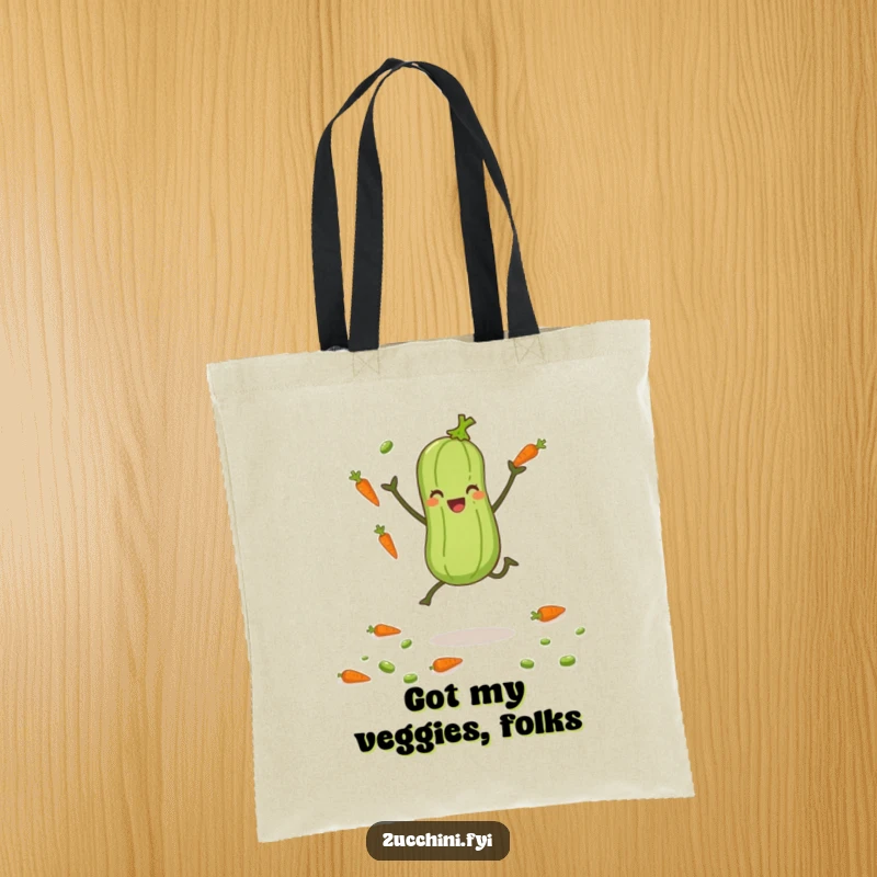 Funny zucchini with tiny legs juggling carrots and peas, a delightful and humorous tote bag.