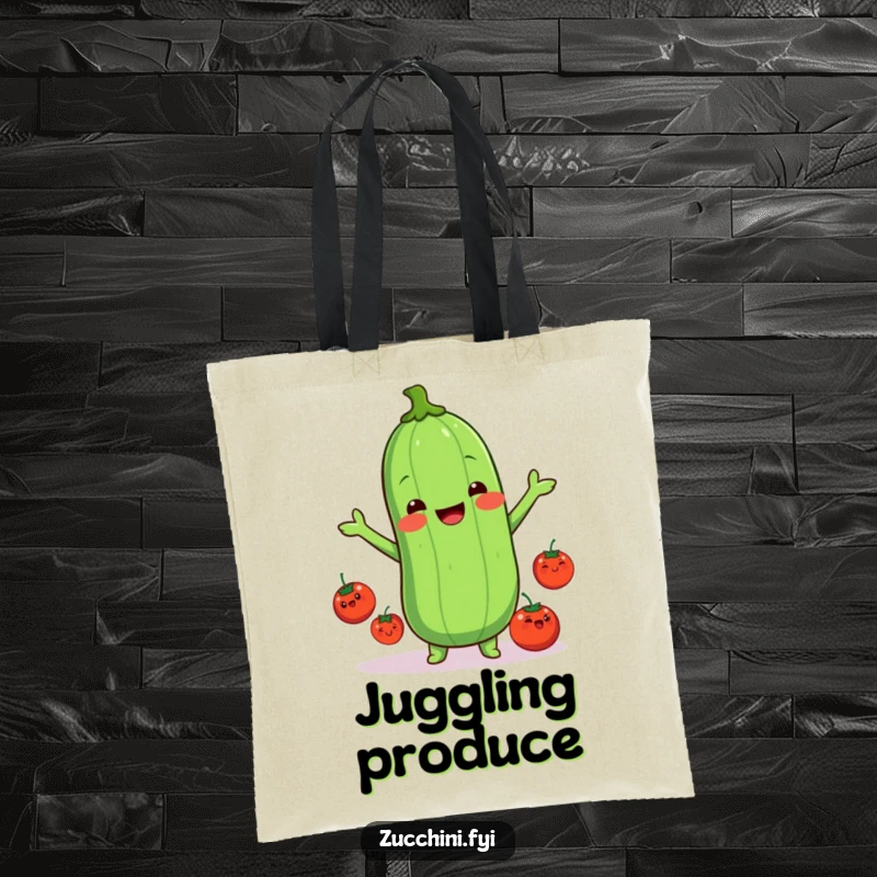 Funny kawaii zucchini tote bag, a cute illustration of a zucchini juggling happy tomatoes, perfect for carrying items with a funny, colorful flair.