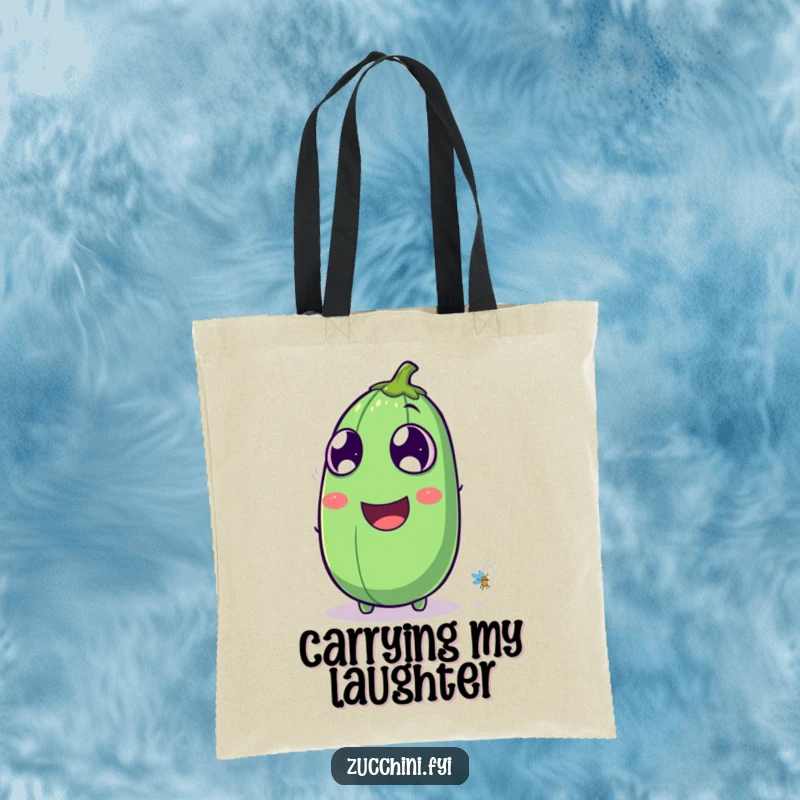 Funny laughing zucchini tote bag depicting a zucchini with exaggerated eyes watching a firefly, great for carrying items with nighttime humor.