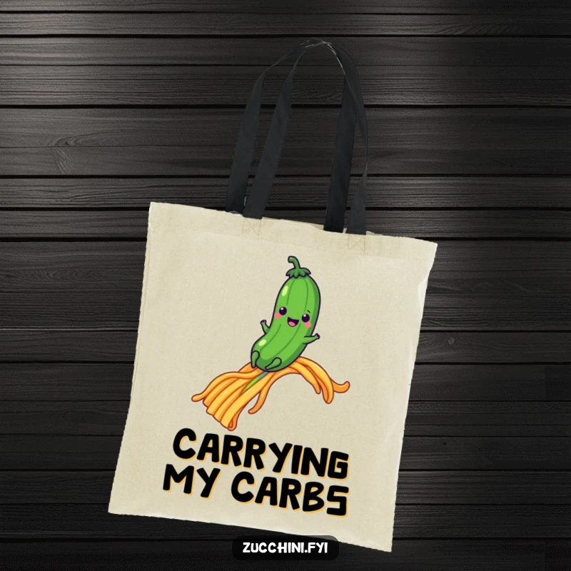 Funny zucchini character sliding on a pasta rainbow, a whimsical and humorous tote bag.