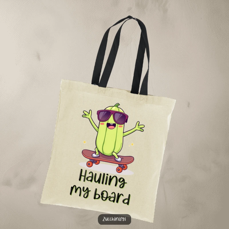 Funny kawaii zucchini tote bag, a cool zucchini in sunglasses dancing on a skateboard, perfect for carrying items with a funny, edgy flair.