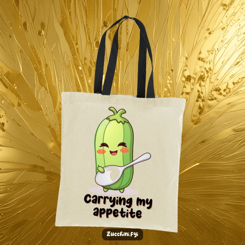 Funny tote bag with a winking zucchini character holding a comically huge spoon, ready for grocery adventures.