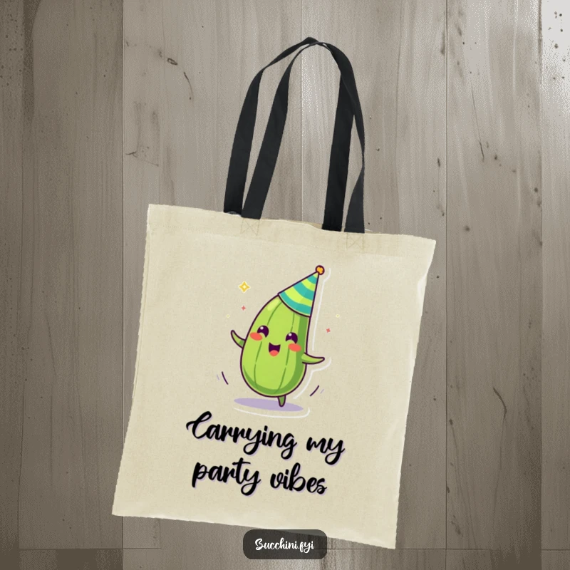 Funny tote bag showcasing a zany zucchini with a party hat, spinning enthusiastically, a vibrant and humorous accessory.