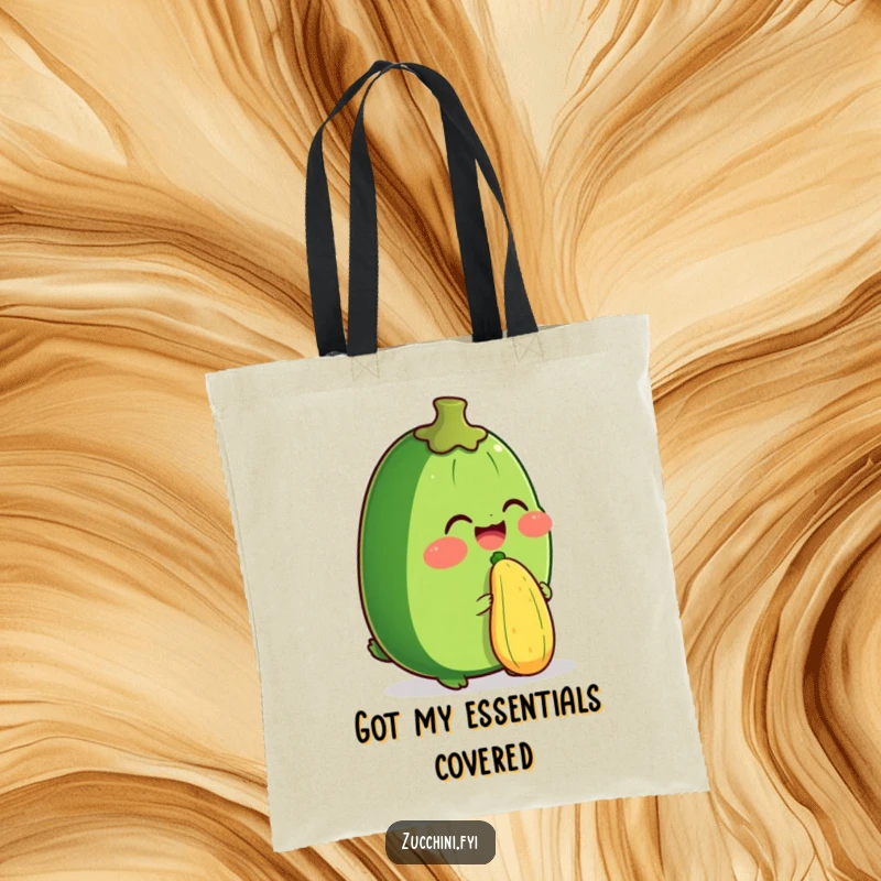 Funny tote bag featuring a zucchini giggling while balancing a small zucchini on its nose, great for shopping or carrying fun items.