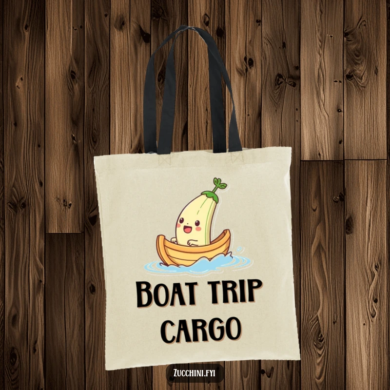 Funny tote bag featuring a jubilant zucchini boat character sailing on a tiny splash, a charming and functional accessory for any journey.