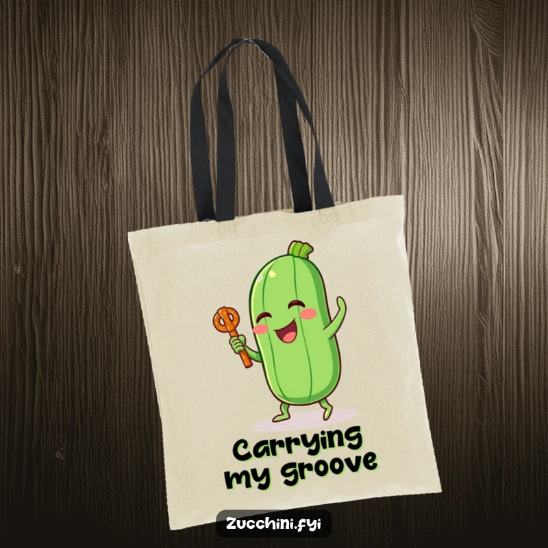 Funny tote bag featuring a laughing zucchini character in a silly dance pose with a pretzel stick, great for shopping.