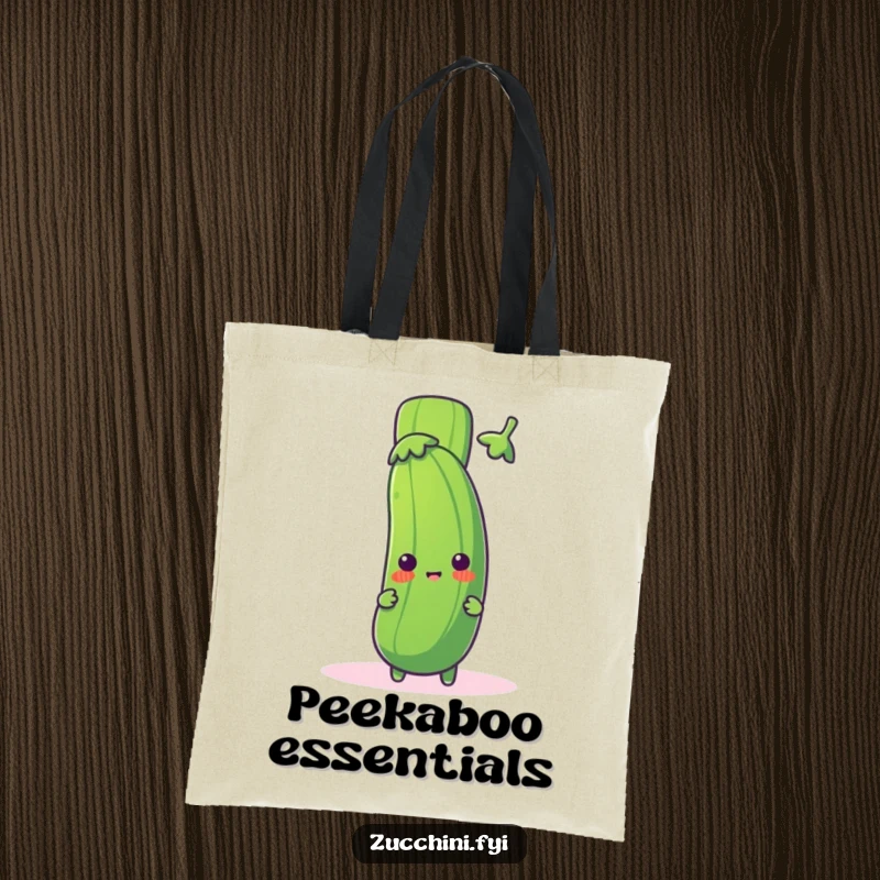 Funny zucchini tote bag with a cute zucchini character peeking from behind a large exclamation mark, ideal for carrying groceries with humor.