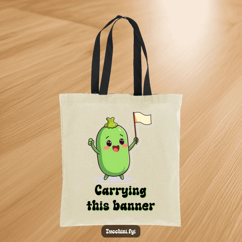 Funny tote bag illustrated with a zucchini character enthusiastically waving a tiny flag, ideal for carrying items with a cheerful spirit.