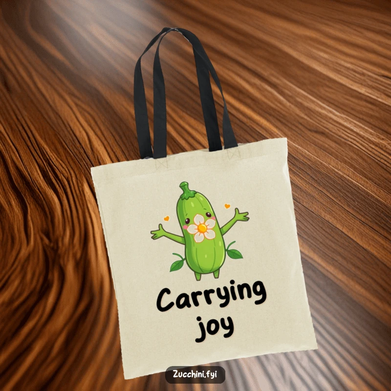 Funny tote bag with a zucchini opening its arms wide to embrace a beautiful, blooming flower.