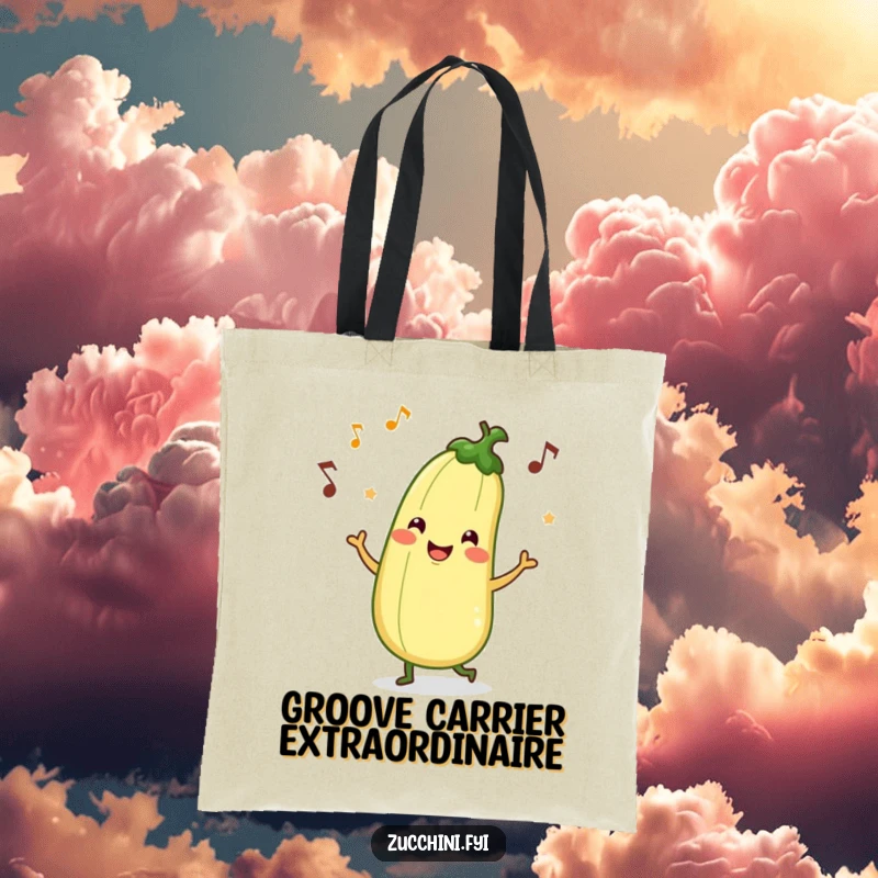 Funny tote bag featuring a cheerful zucchini character performing a silly jig with musical notes, perfect for carrying groceries or daily items.