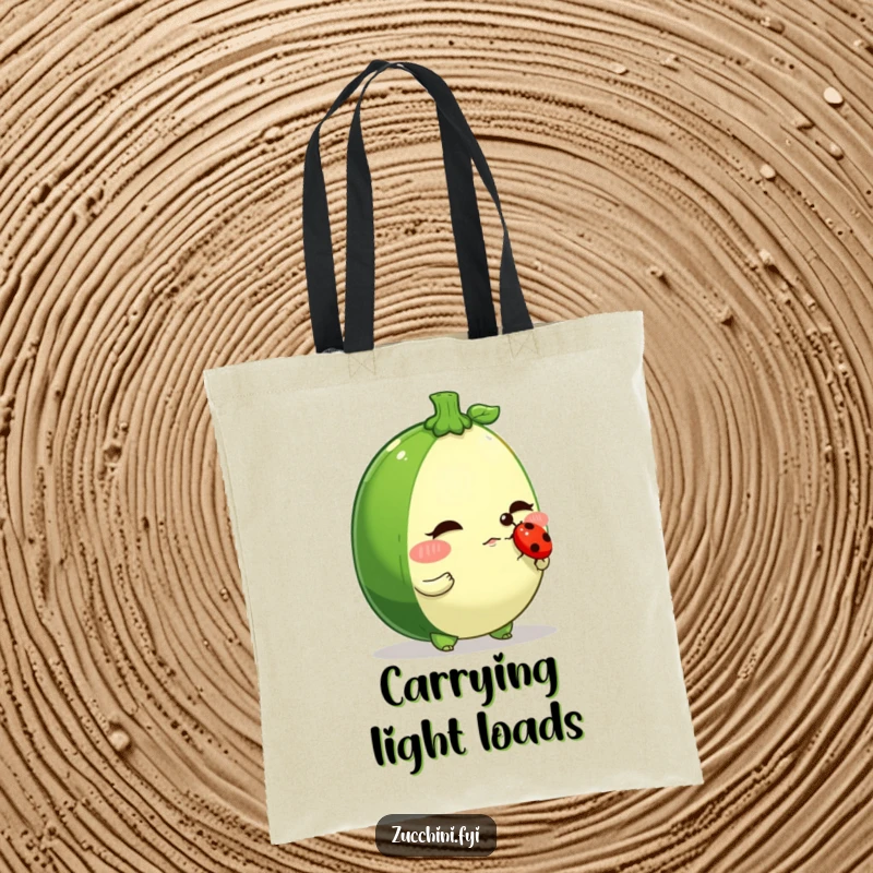 Funny zucchini tote bag, a determined veggie character balancing a ladybug on its nose, ideal for carrying humor.