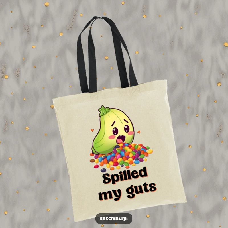 Funny tote bag with a surprised zucchini character spilling a rainbow of colorful seeds, perfect for carrying essentials with a side of humor.