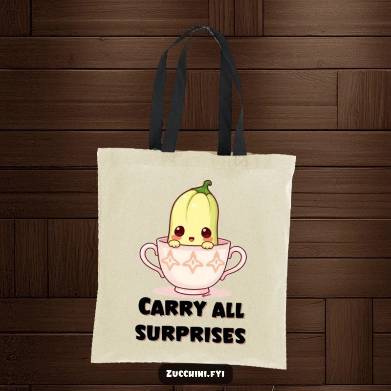 Funny Zucchini Tote Bag: Surprised vegetable peeking from a tiny teacup, ideal for carrying items with a touch of humor.
