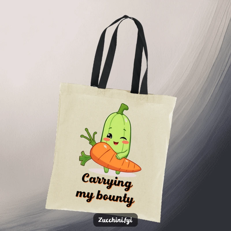 Funny tote bag with a winking zucchini holding a large carrot, a humorous and practical item for everyday use.