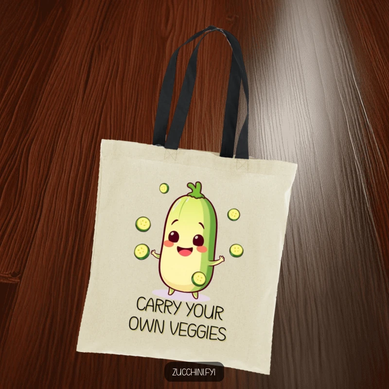Funny Kawaii zucchini tote bag with a happy juggling character, perfect for shopping and a humorous gift.