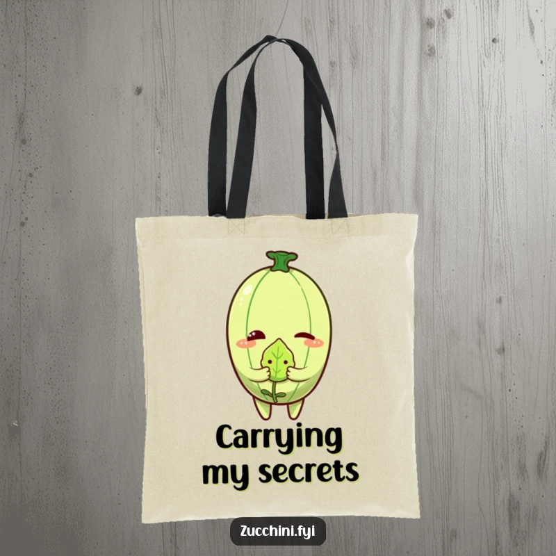 Funny Zucchini Wink Tote Bag featuring a winking zucchini character holding a tiny, embarrassed leaf.
